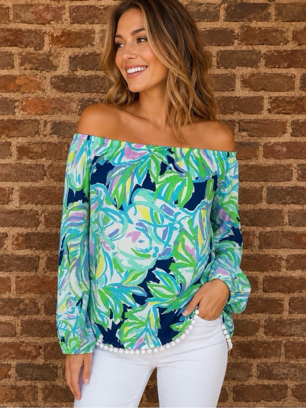 Lilly Pulitzer Enna Modal Off The Shoulder Tropical Floral Blouse XXS